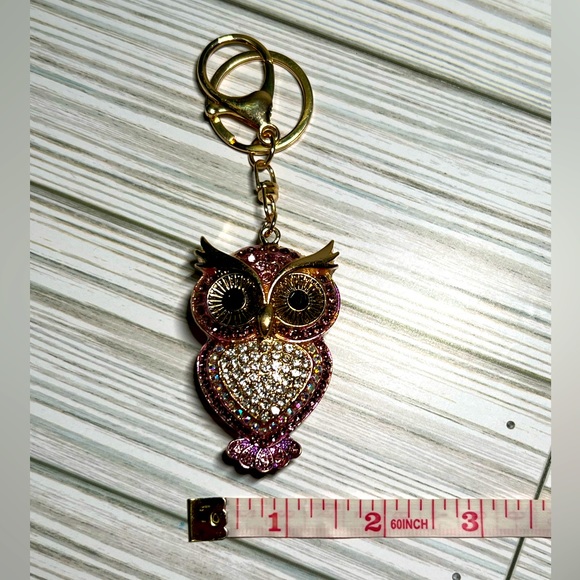 NEW! Rhinestone Owl Key Chain/Bag Charm, Pink on Gold Toned Zinc Alloy - Picture 6 of 6